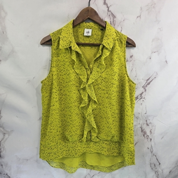 CAbi Shirt Womens Large Chartreuse Yellow Neon Tank Blouse Reign Ruffle 3071 - Picture 1 of 11